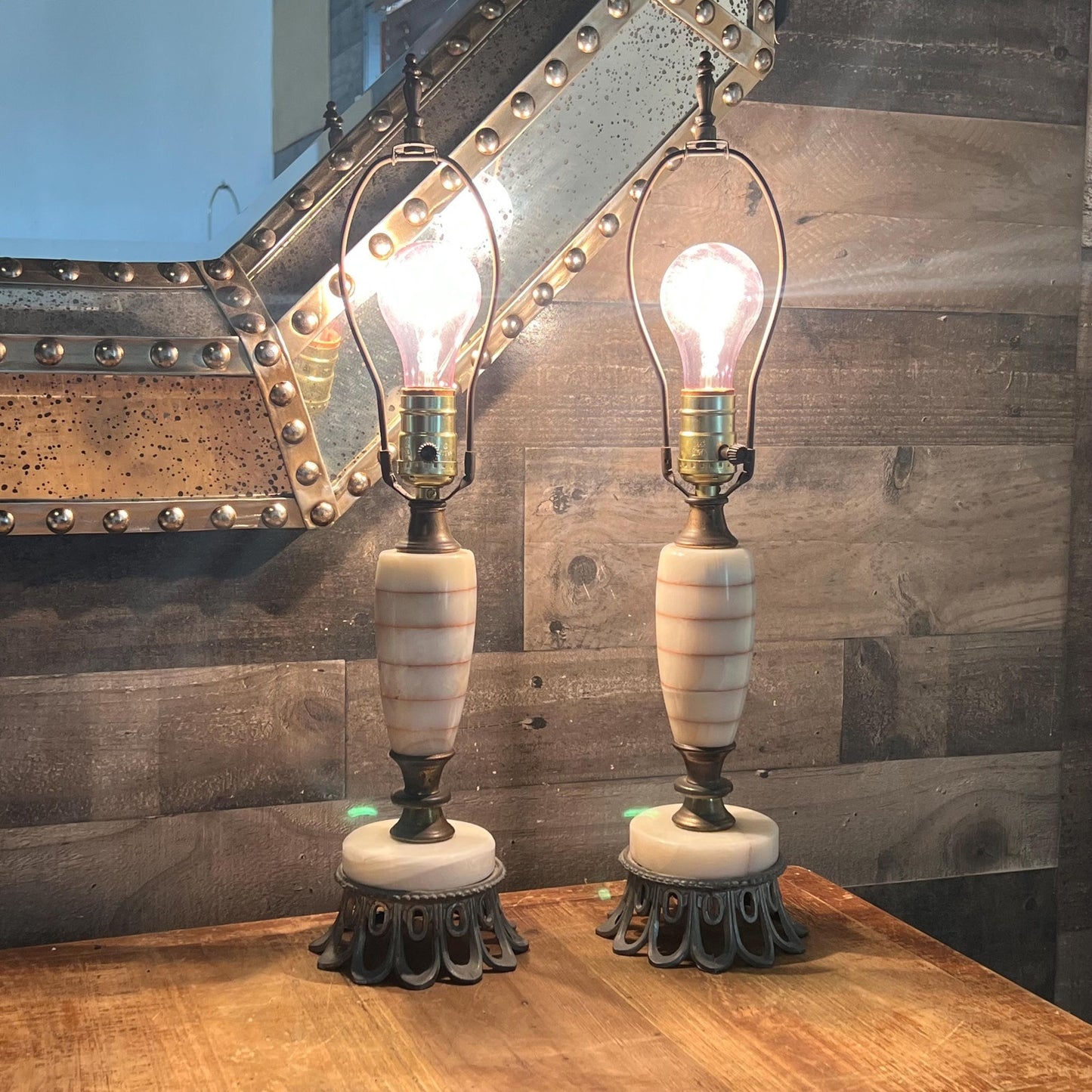 Vintage Pair of Creamy White Lamps with Orange/Pink Stripes and Brass/Metal Accents