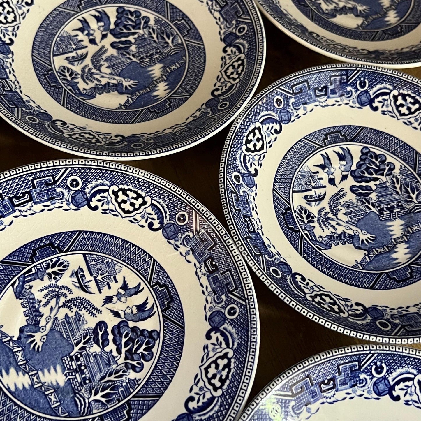 Old Willow English Ironstone by Washington Pottery Straffordshire England Blue and White Small Plates - Set of 7