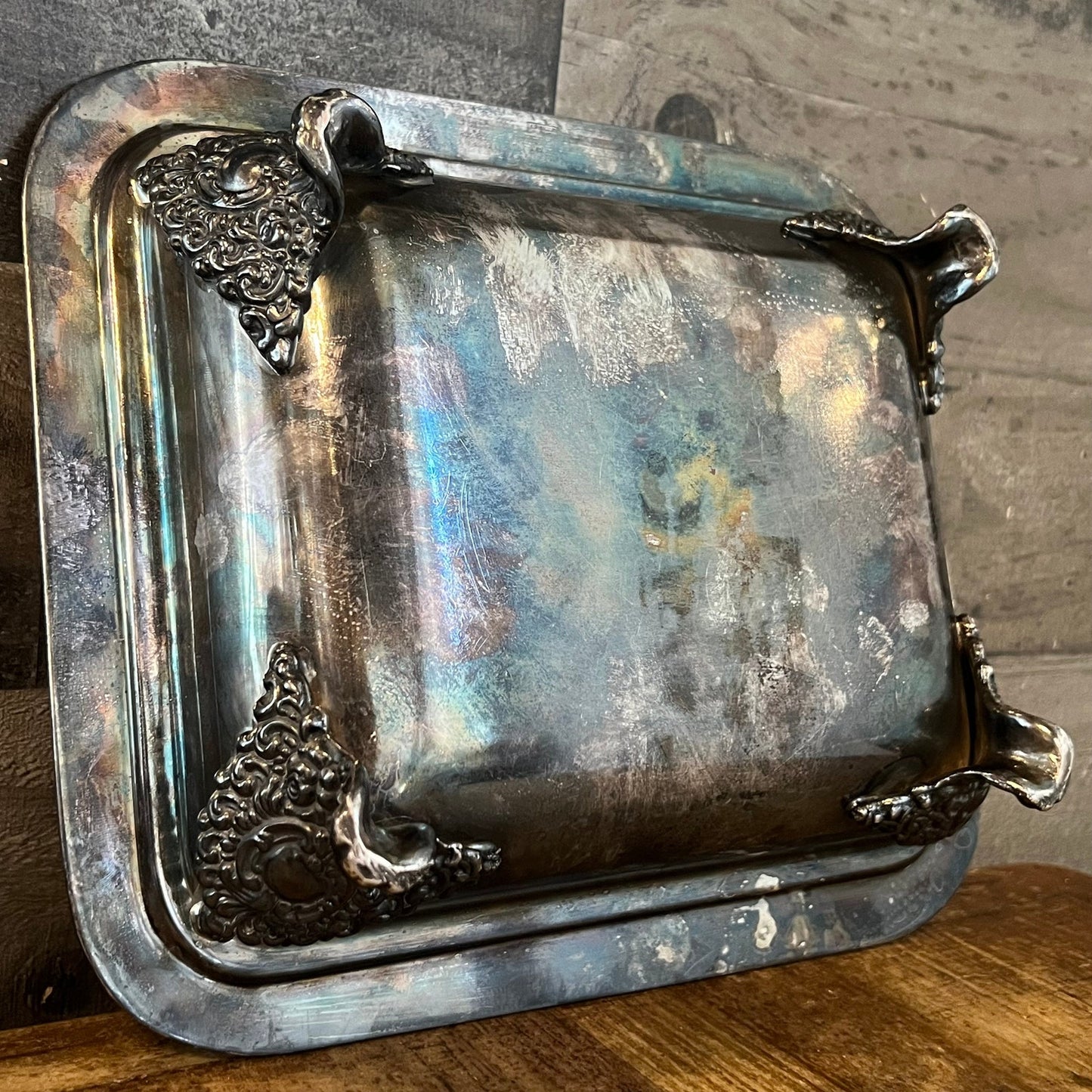 Vintage Bernard Rices Sons Apollo EPC Copper Mounts 8132 Footed Rectangular Braided Rim Silverplated Dish