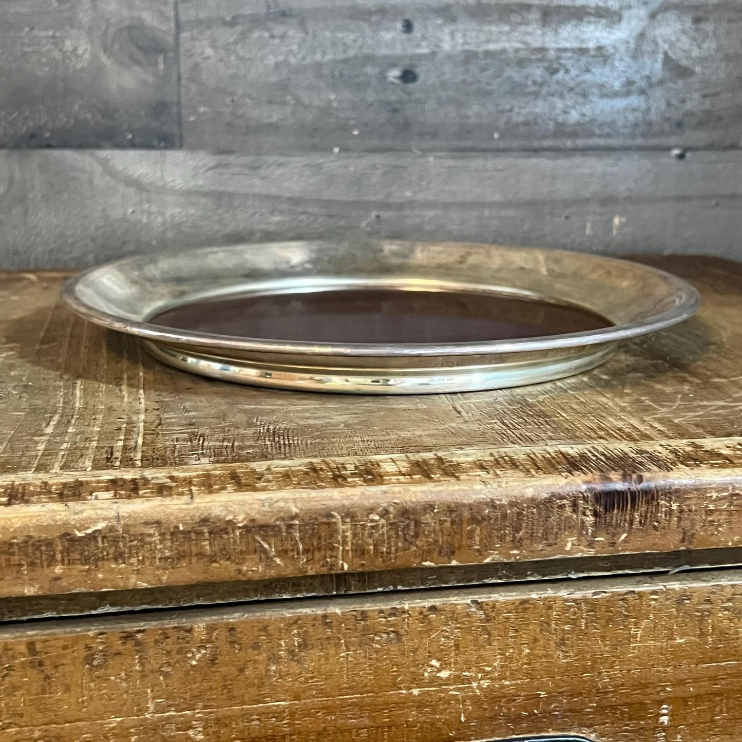 Vintage F B Rogers Silver Co Silverplated and Wood Grain Round Tray