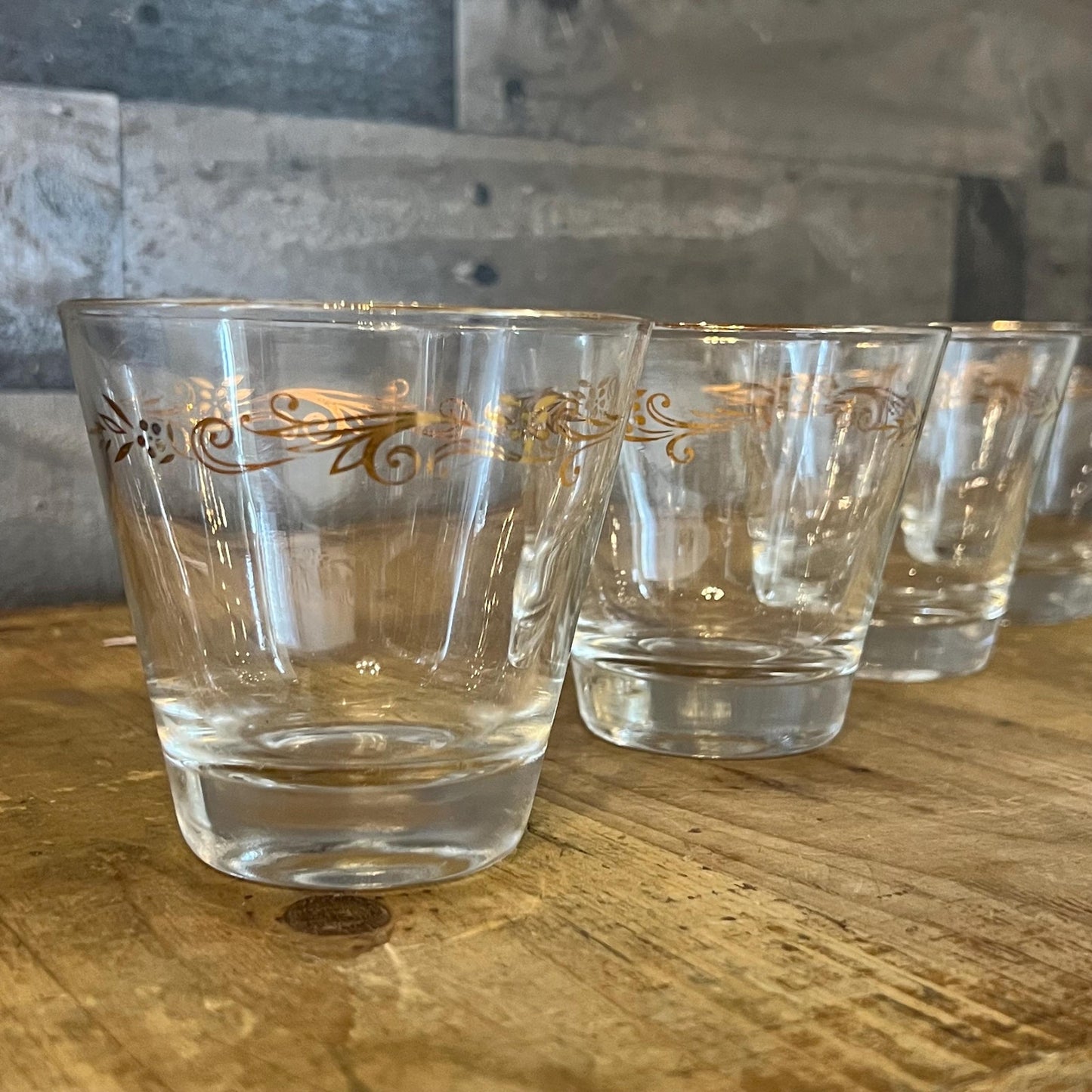 Vintage MCM Homer Laughlin Gold Tone Leaf Design Low Ball Rocks Glasses - Set of 4