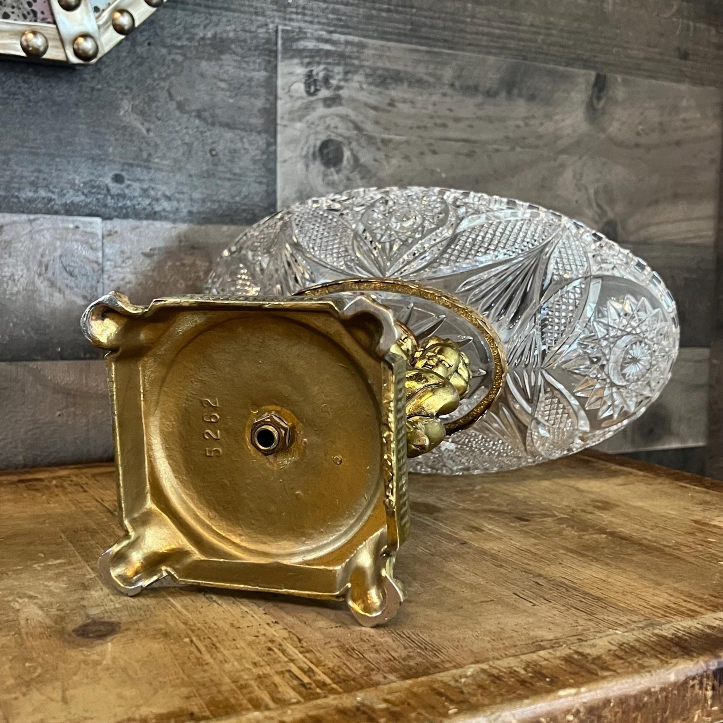 Vintage Thick Cut Crystal Oval Bowl with Gold Tone Brass Cherub Angel Pedestal and Marble Footed Base