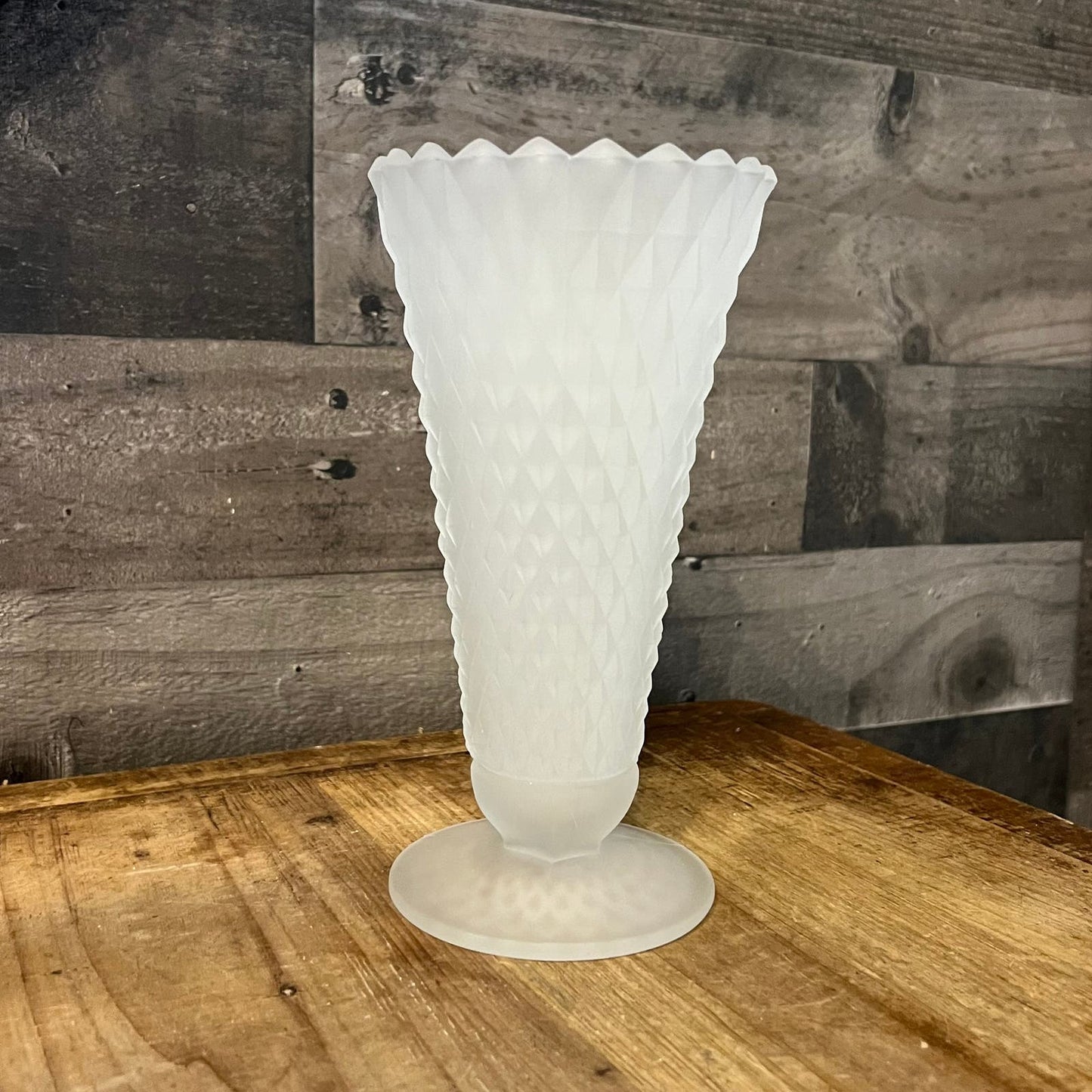 Vintage Satin Frosted Glass Diamond Point Pattern Footed Vase