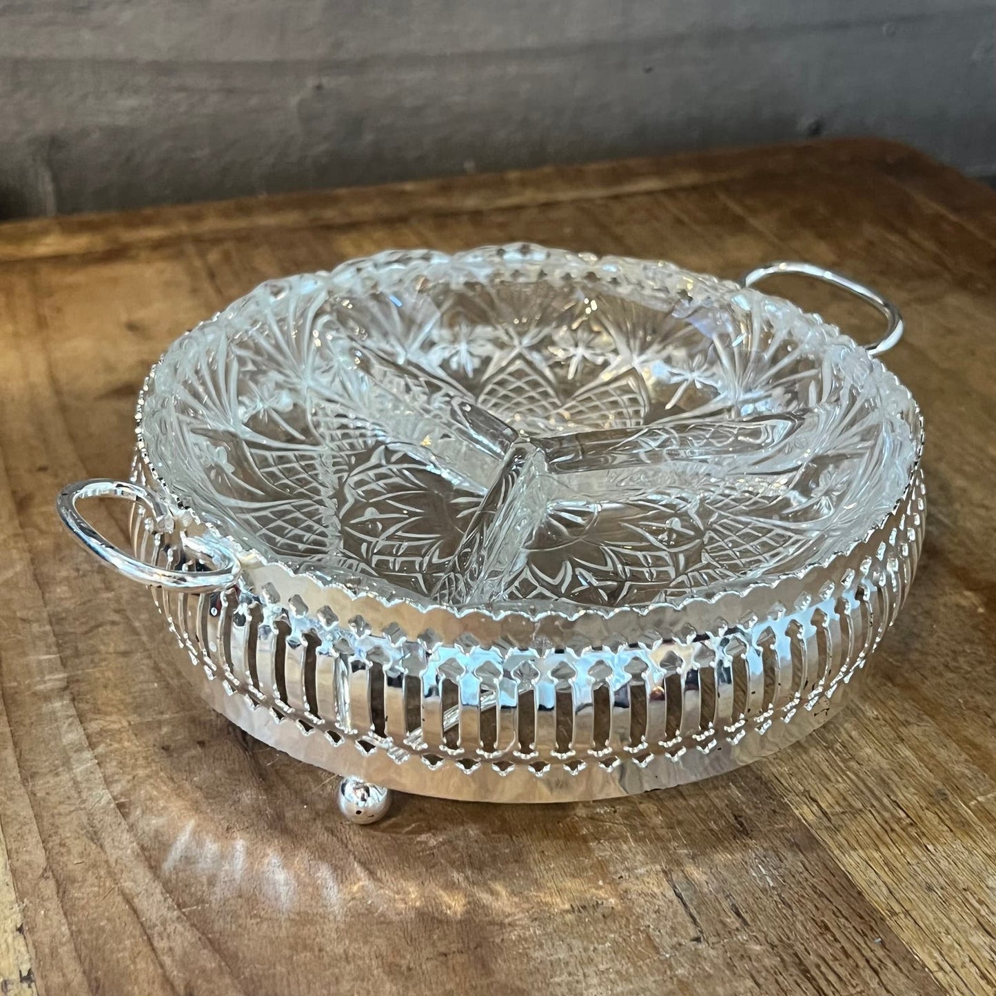 Vintage The Windsor Range Mayfair Collection Silverplated Stand and Clear Glass Relish Dish - Candy Dish - Nut Dish - Trinket Dish