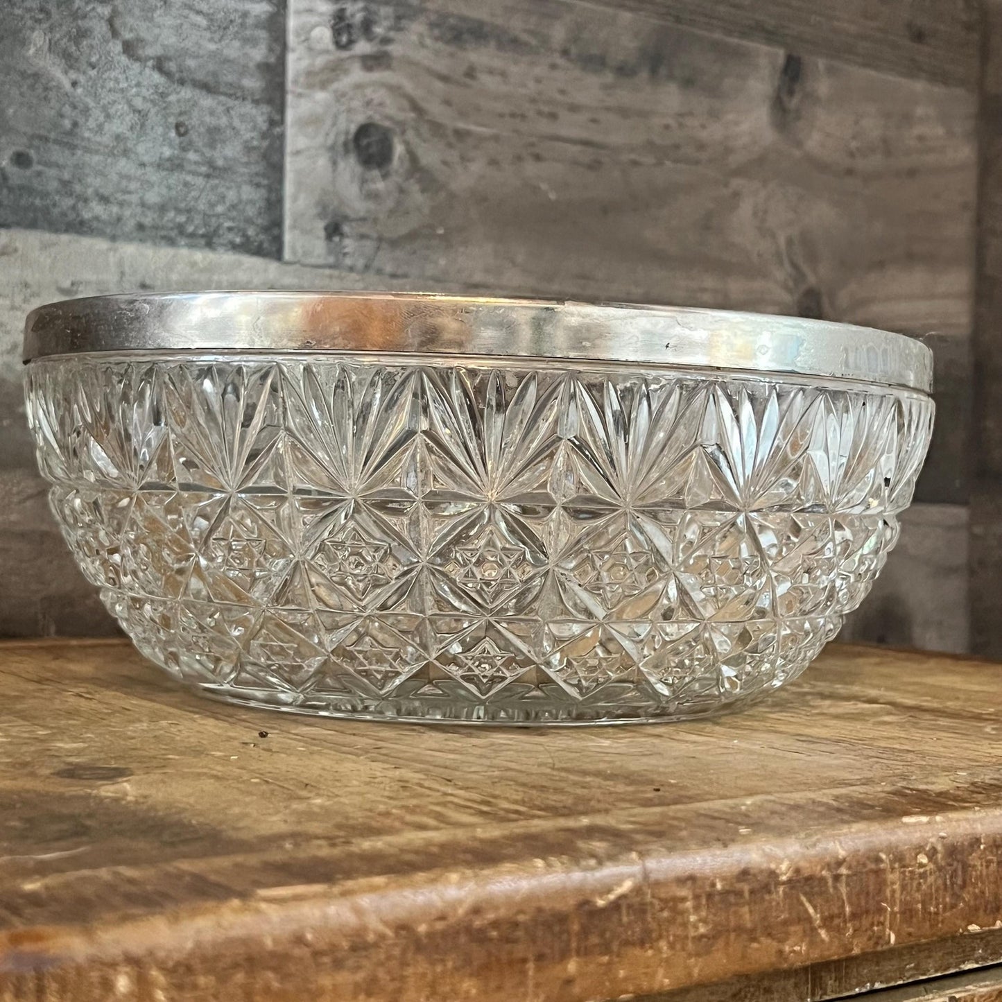 Large Crystal Bowl with Silverplated Rim