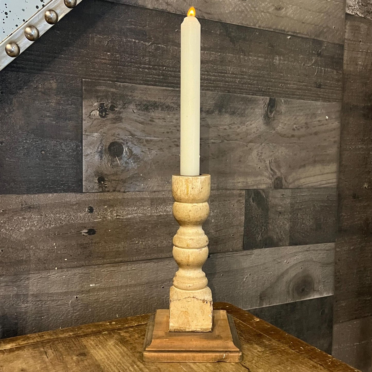 Vintage Creamy White Wooden Candlestick Holder