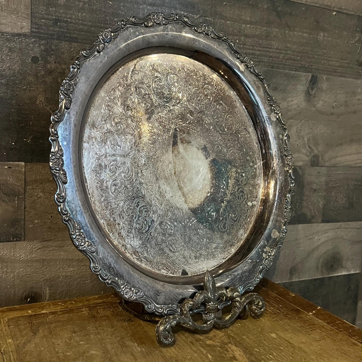 Vintage Oneida Silverplated Round Tray with Floral Scroll Rim