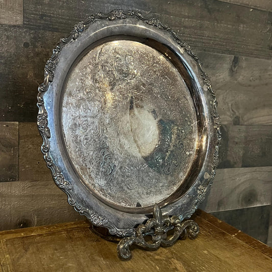 Vintage Oneida Silverplated Round Tray with Floral Scroll Rim