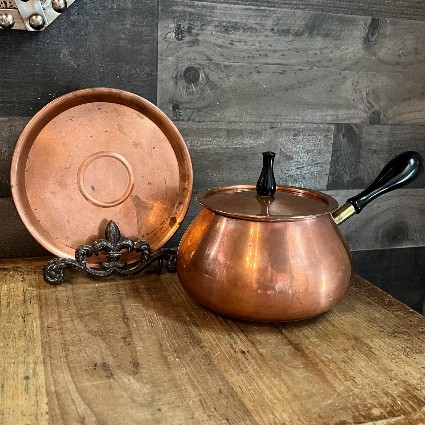 Vintage Taurus Copper Lidded Handled Pot with Copper Underplate - Made in Portugal