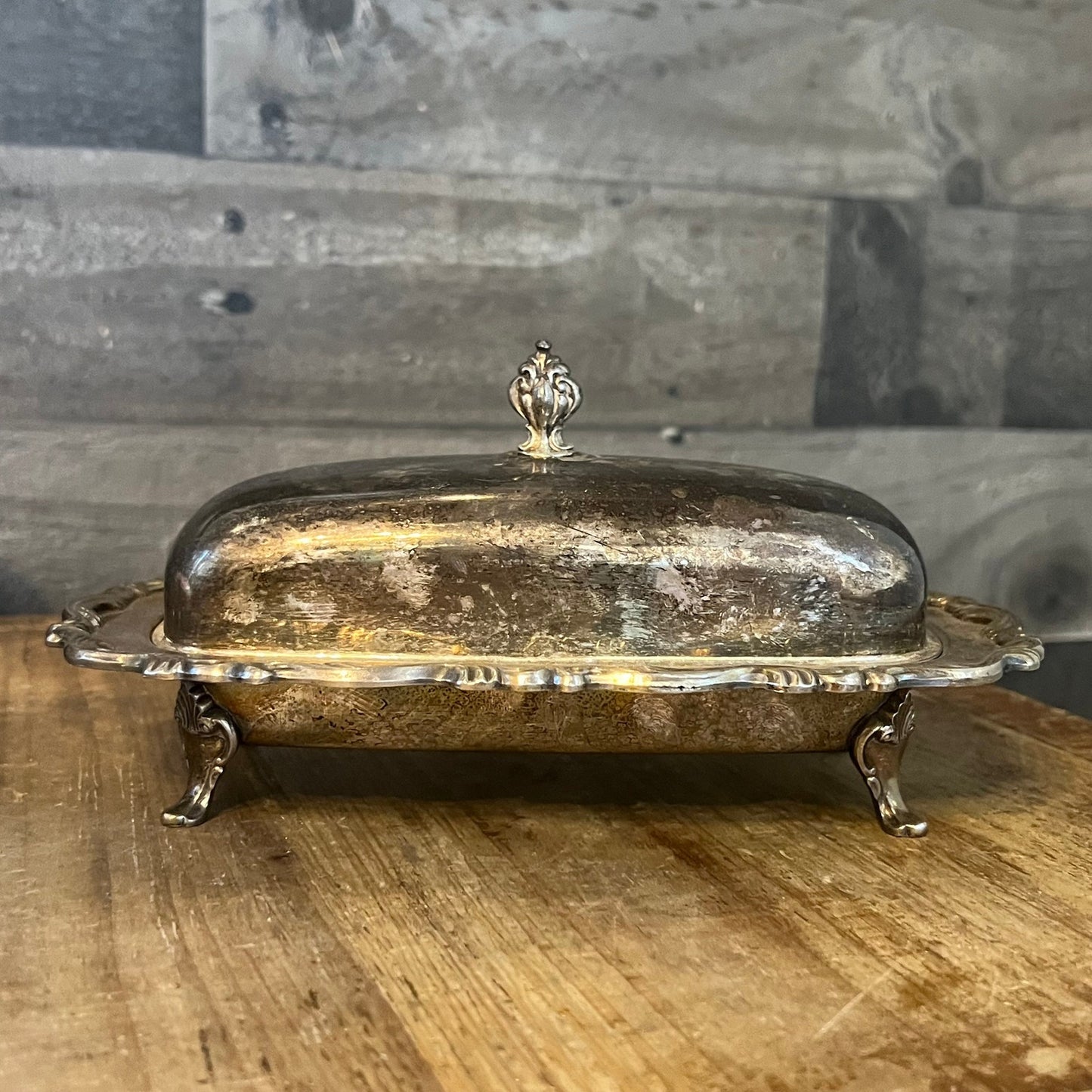 Vintage WM A Rogers Footed Silverplated Rectangular Lidded Butter Stick Holder with Glass Insert