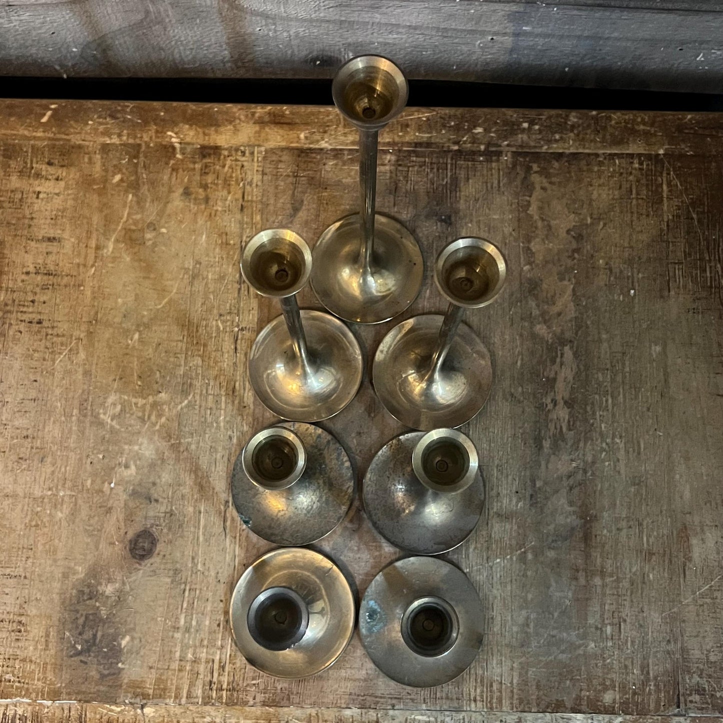 Vintage Set of 7 Brass Graduating Tiered Candlestick Holders