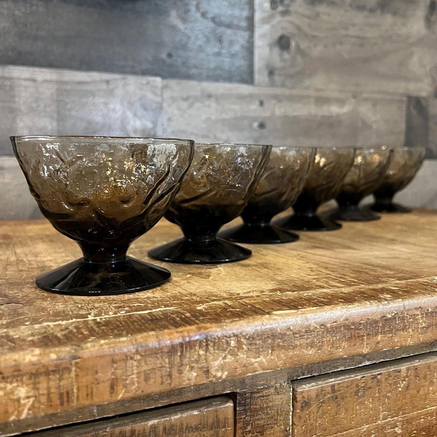 Vintage Seneca Glass Brown Glass Driftwood Short Stem Coupes - Cocktail Coupes - Dessert Glasses - Parfait Glasses - Set of 6
