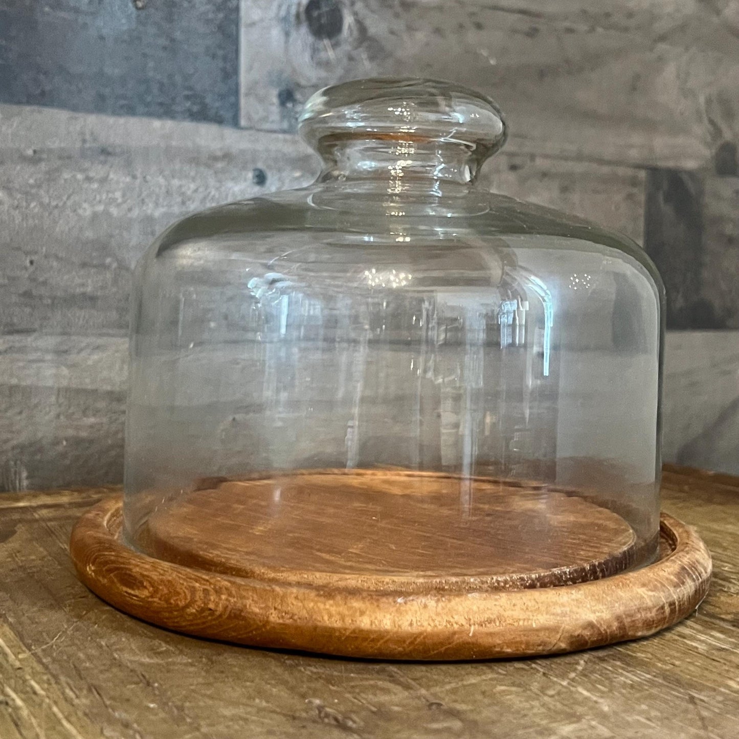Vintage Round Dolphin Teakwood Cheese Board and Glass Dome