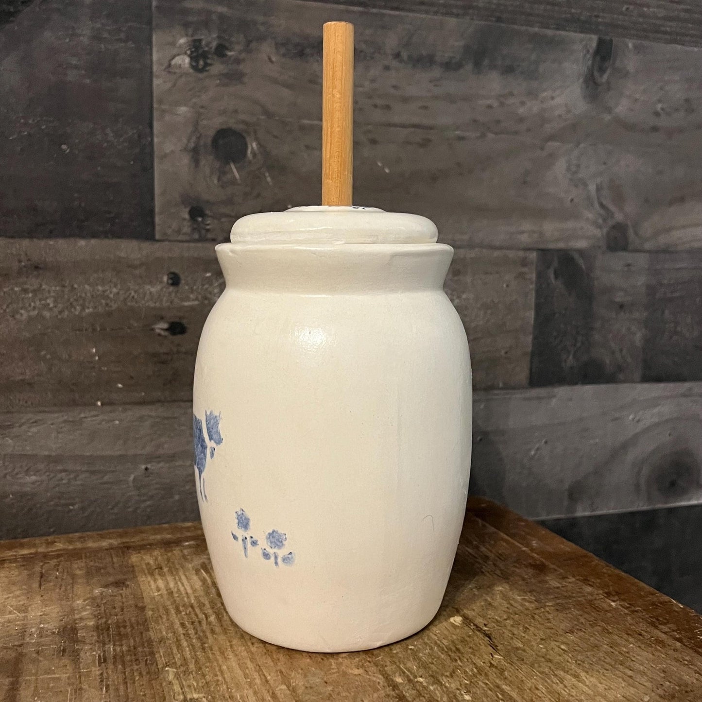 Vintage White and Blue Pottery Cow Butter Churn