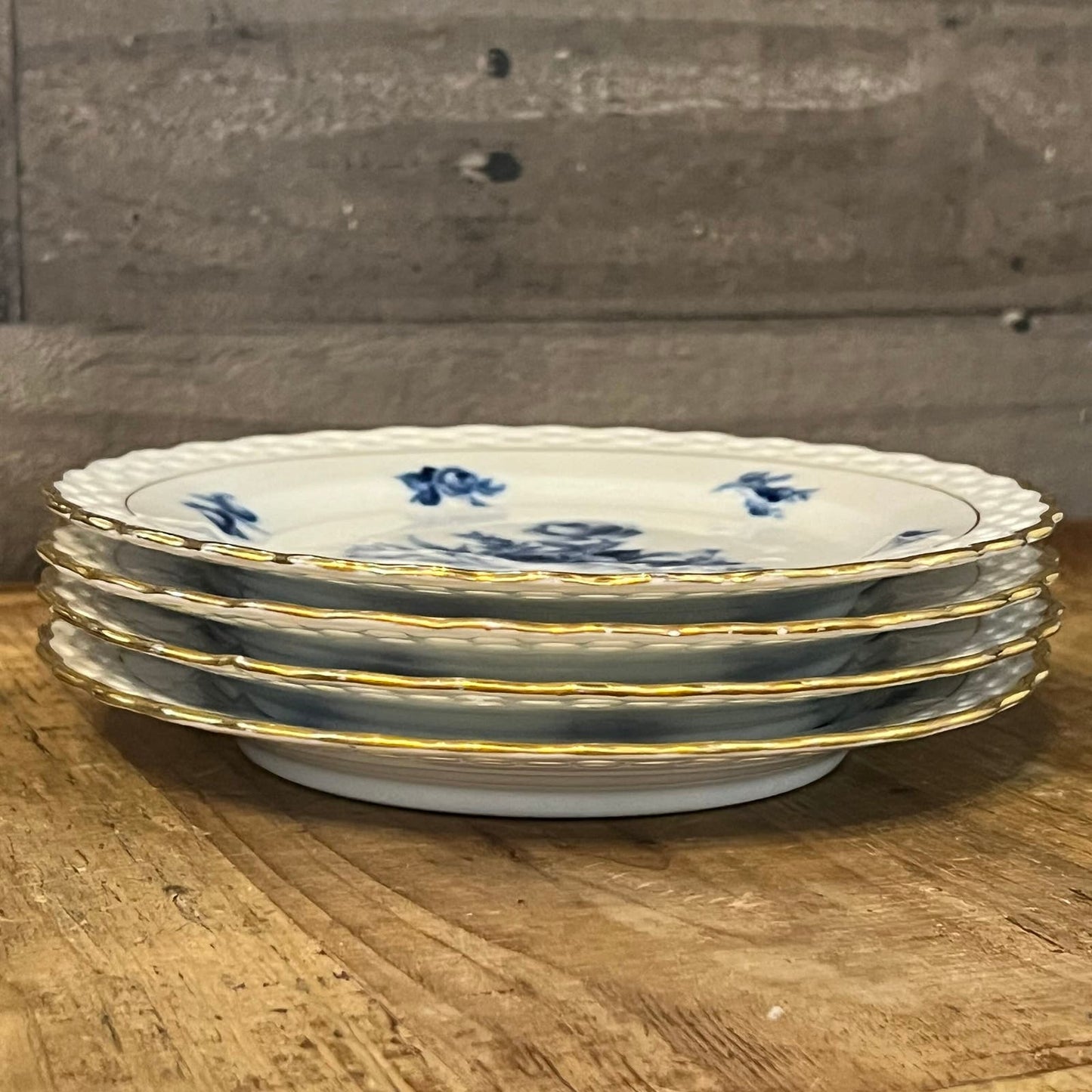 Vintage White Perforated Rim Plates with Blue Floral Accents and Scallop Rim Gold Edge - Set of 4