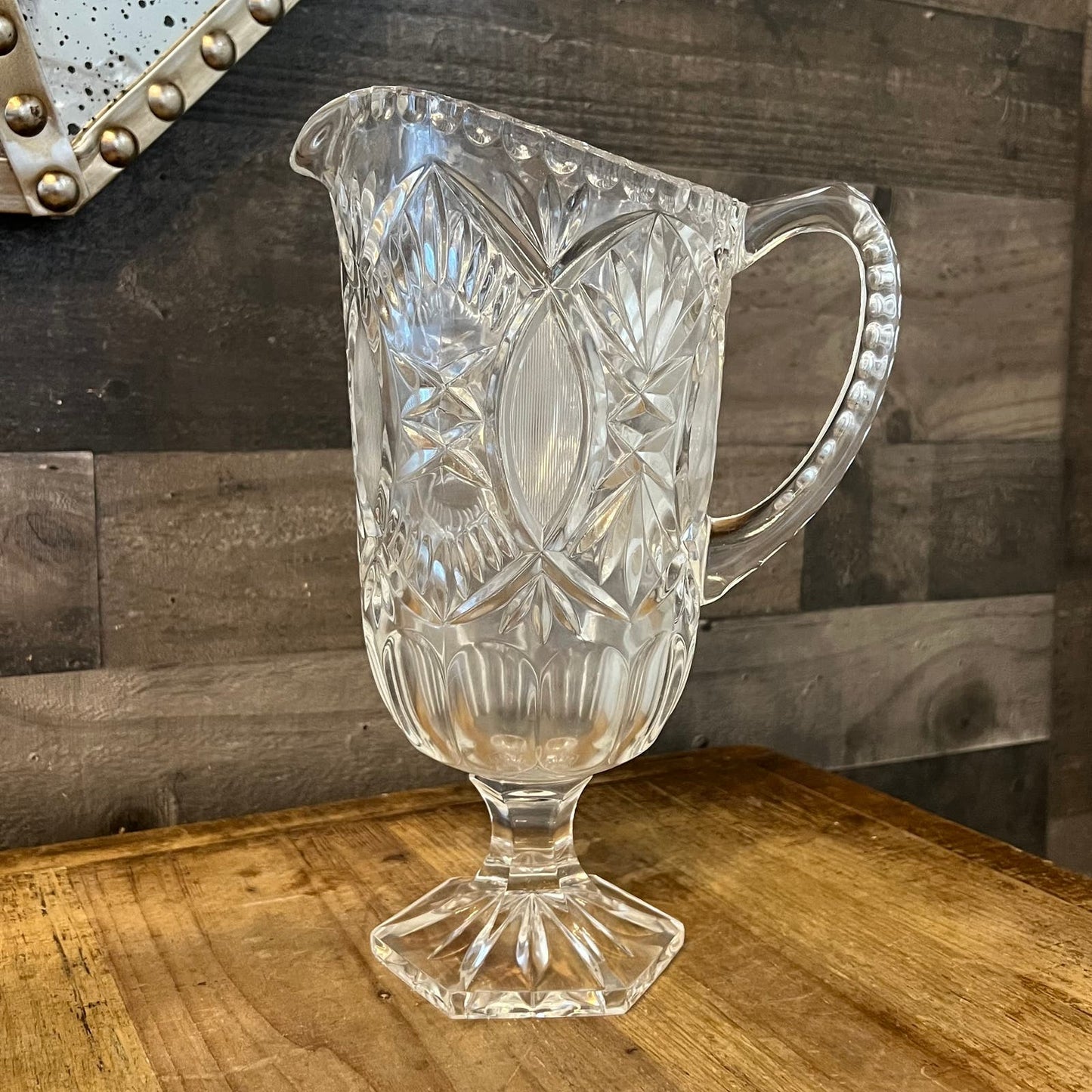 Vintage Crystal Footed Pedestal Handled Pitcher