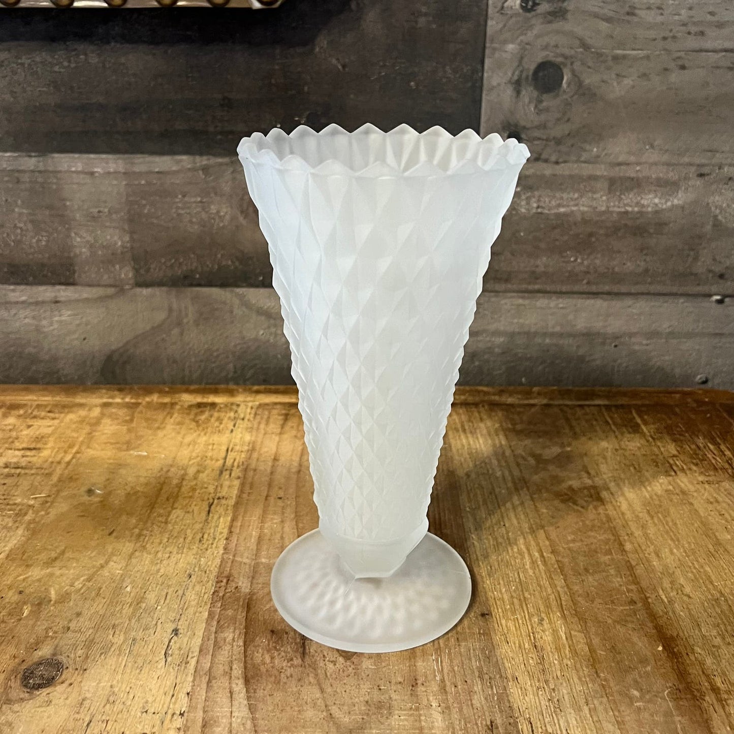Vintage Satin Frosted Glass Diamond Point Pattern Footed Vase