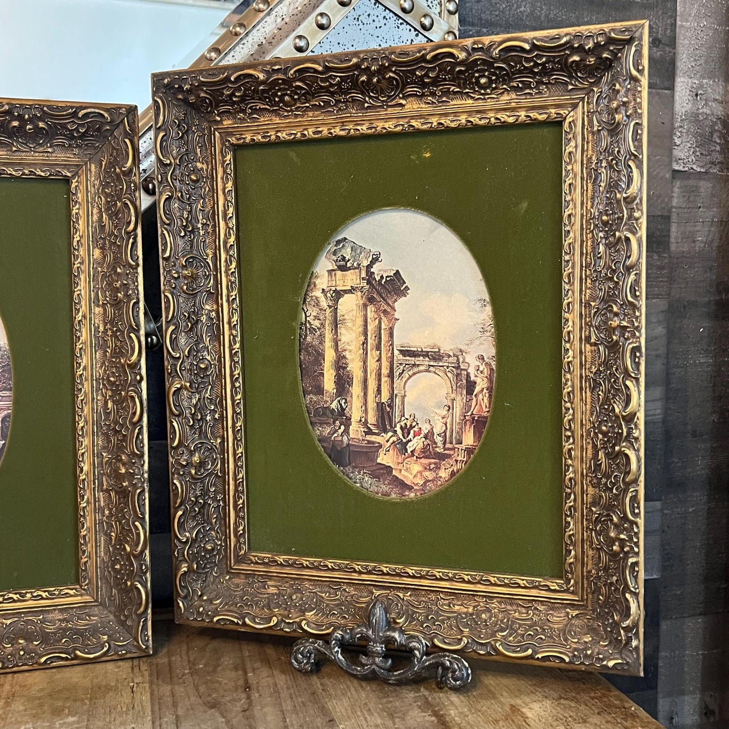 Pair of Oval Roman Ruins Scenes with Green Fabric and Vintage Wooden Frames