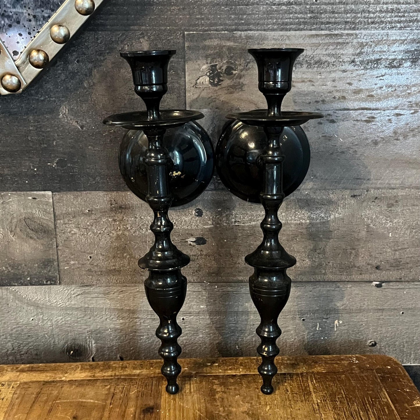 Vintage Black Painted Brass Candlestick Holder Wall Sconces - Pair