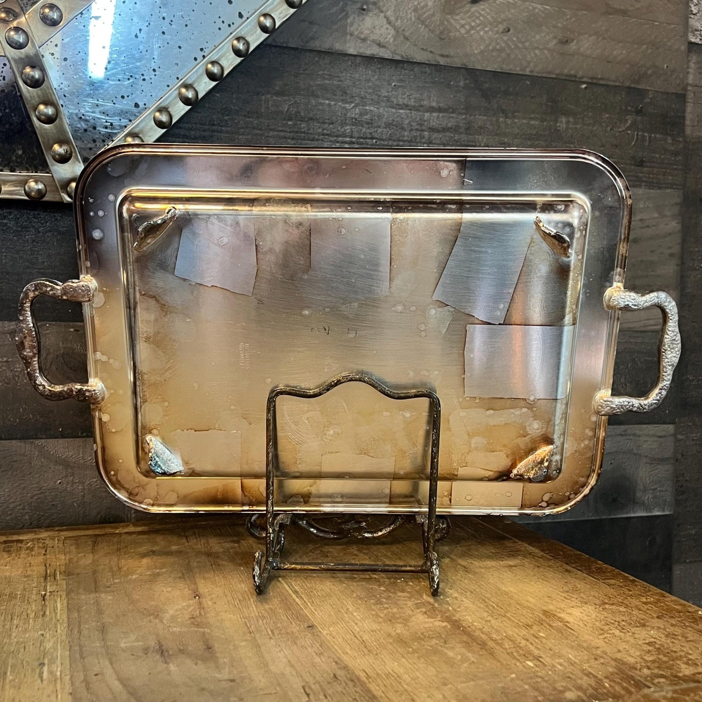 Vintage Leonard Silverplated Handled Rectangular Footed Serving Tray with 3 Crystal Rectangular Trays