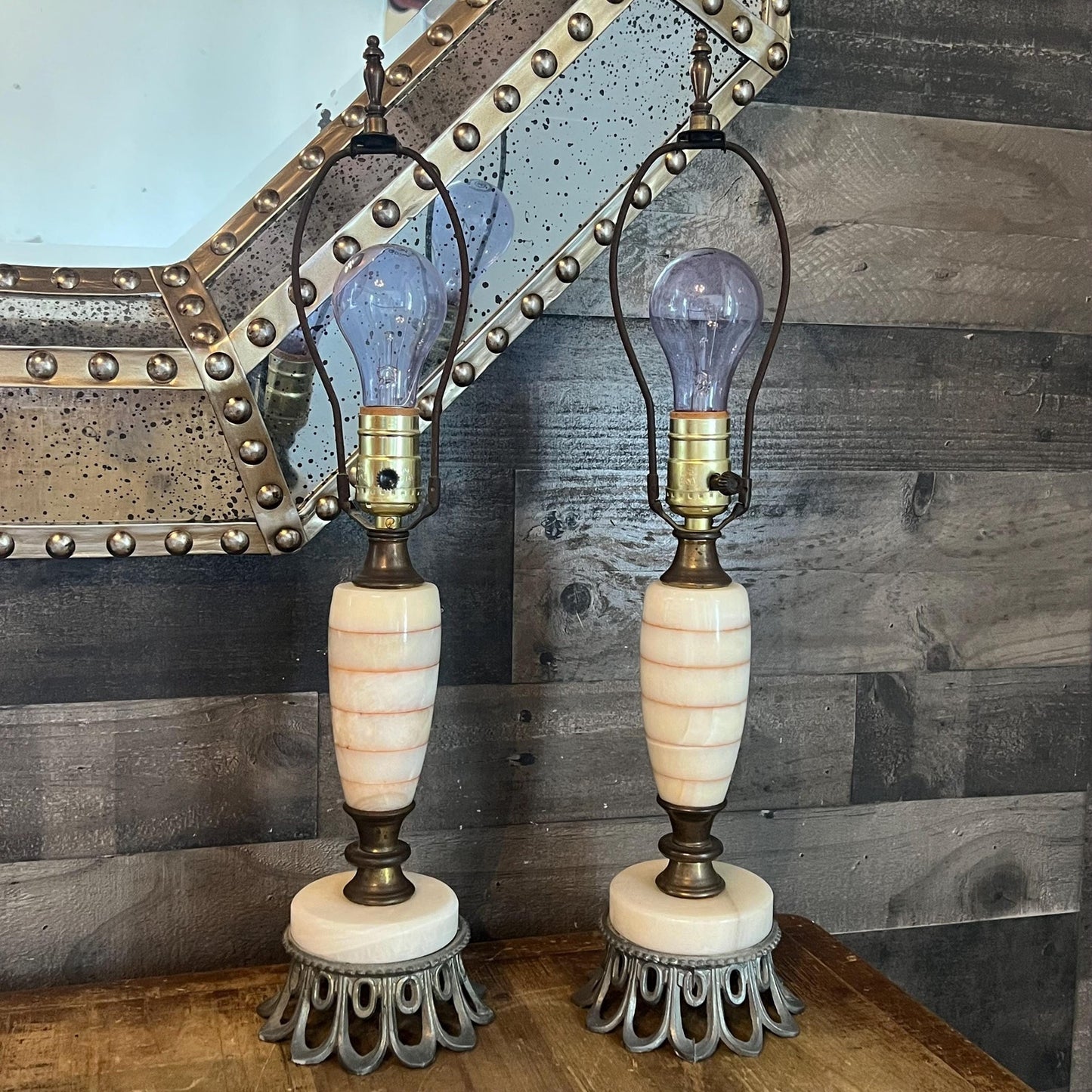 Vintage Pair of Creamy White Lamps with Orange/Pink Stripes and Brass/Metal Accents