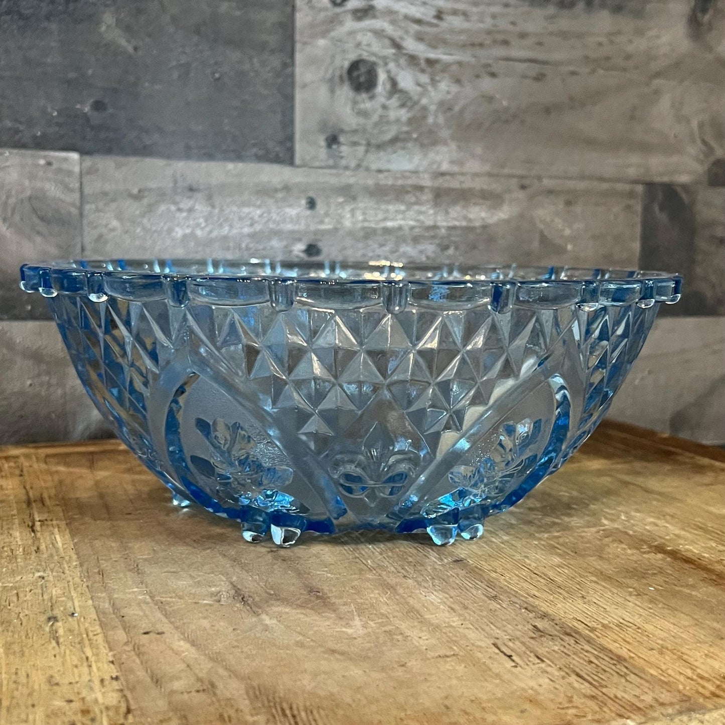 Vintage Blue Glass Footed Scallop Rim Rose and Diamond Point Bowl
