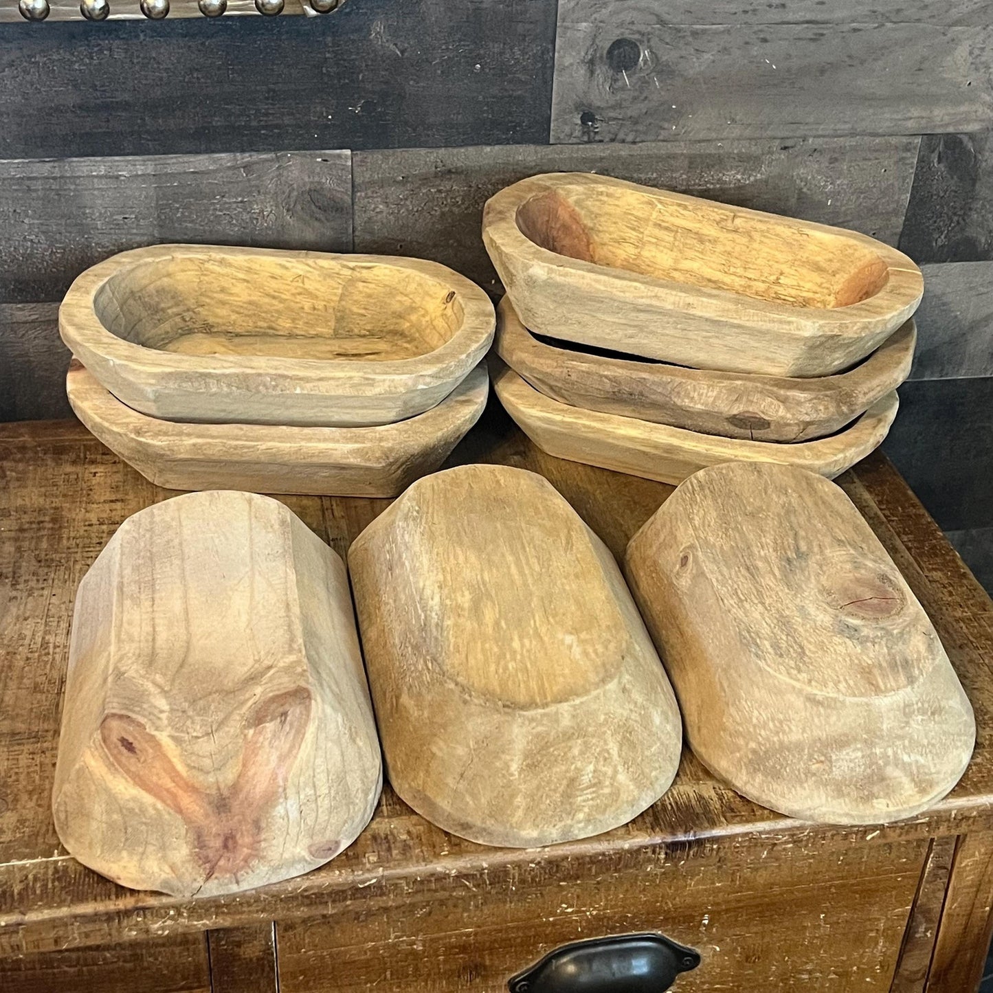 Rustic Hand Carved Wooden Dough Bowl - Natural Wood Tone