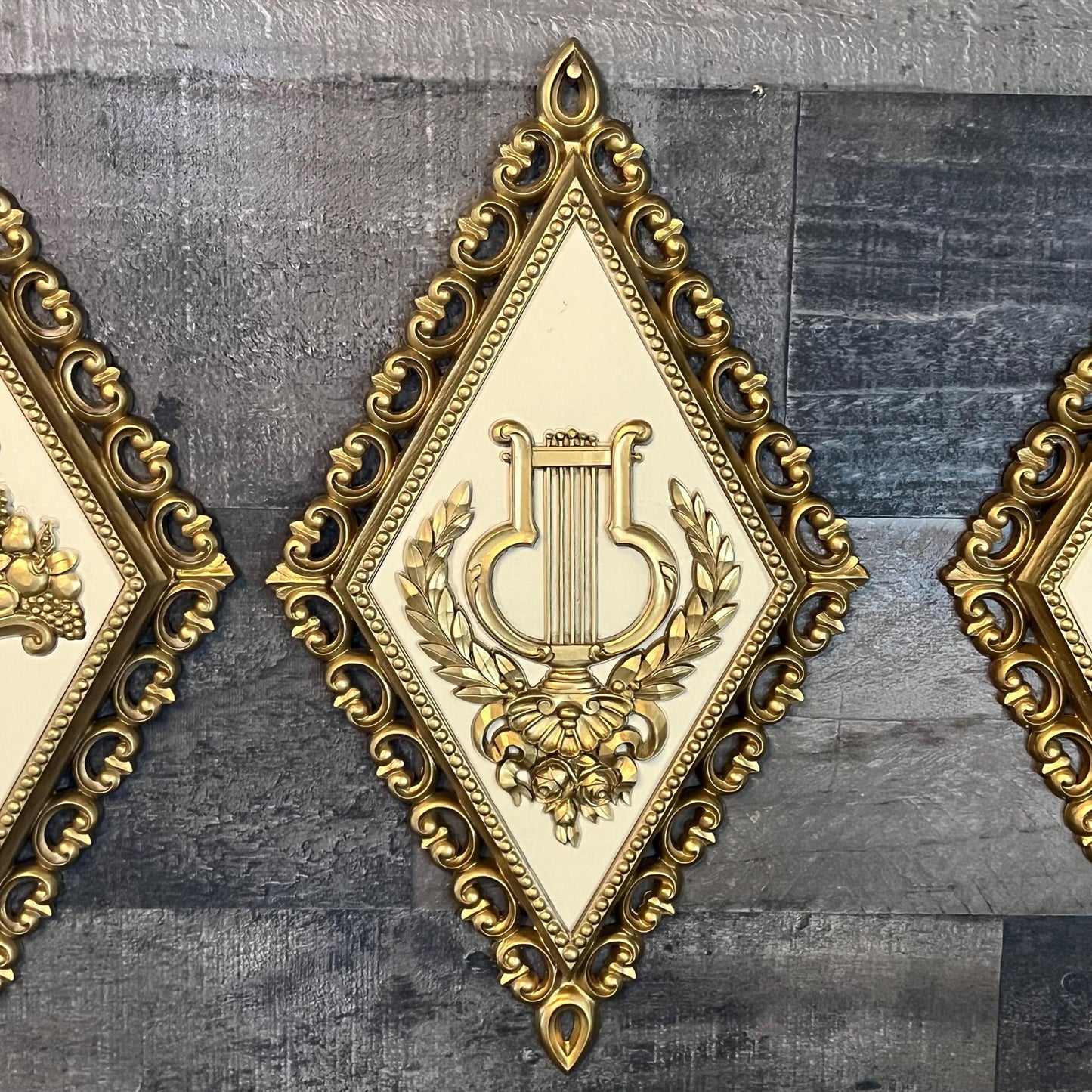 Vintage Homco Diamond Shaped Gold and Beige Tone Wall Plaques - Set of 3