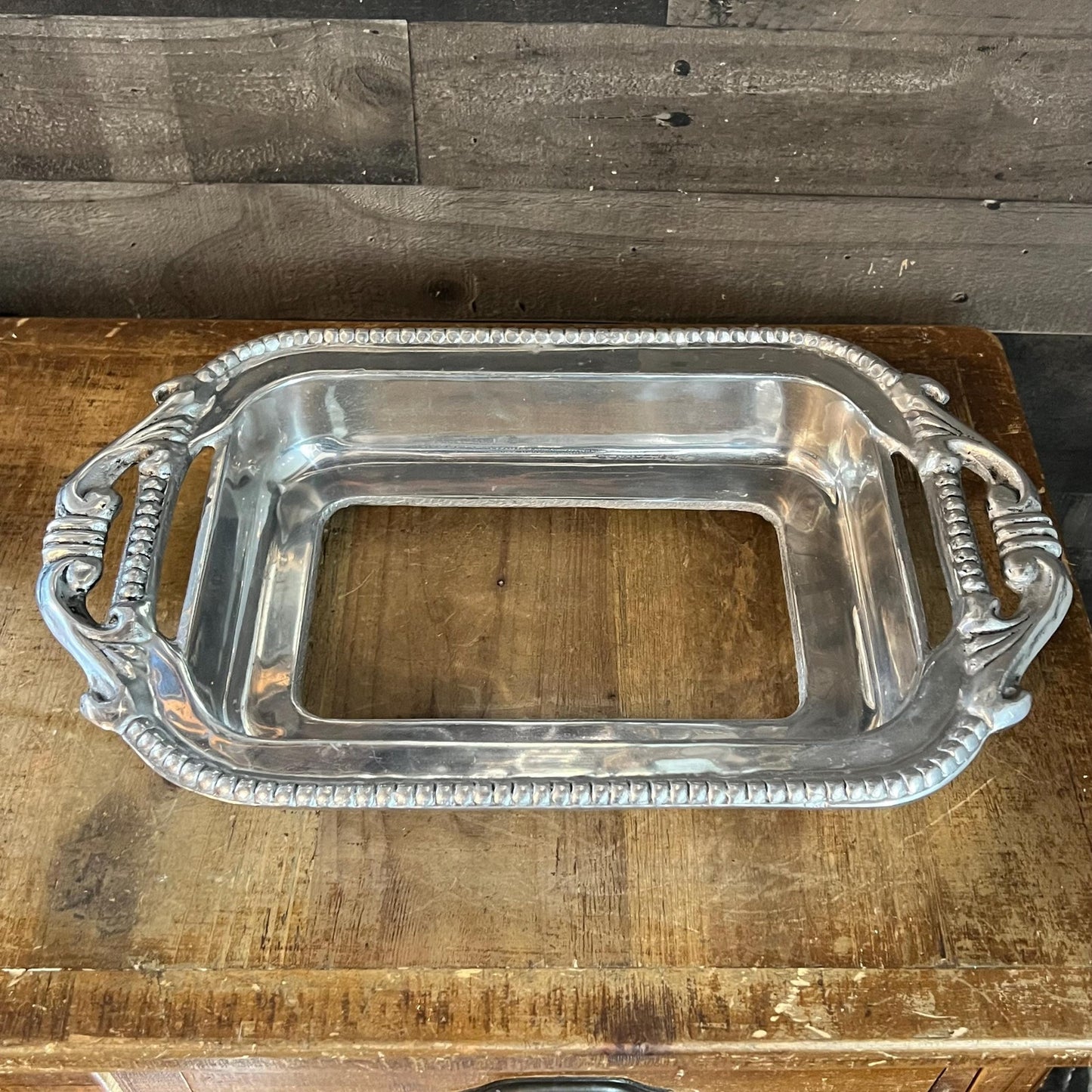 Vintage Ornate Pewter Tone Handled Rectangular Casserole Dish Holder