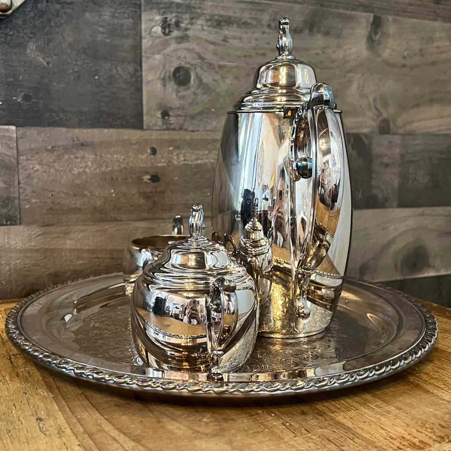 Vintage WM Rogers Silverplated Tea Set - Round Serving Tray, Teapot, Creamer Pour and Sugar Dish