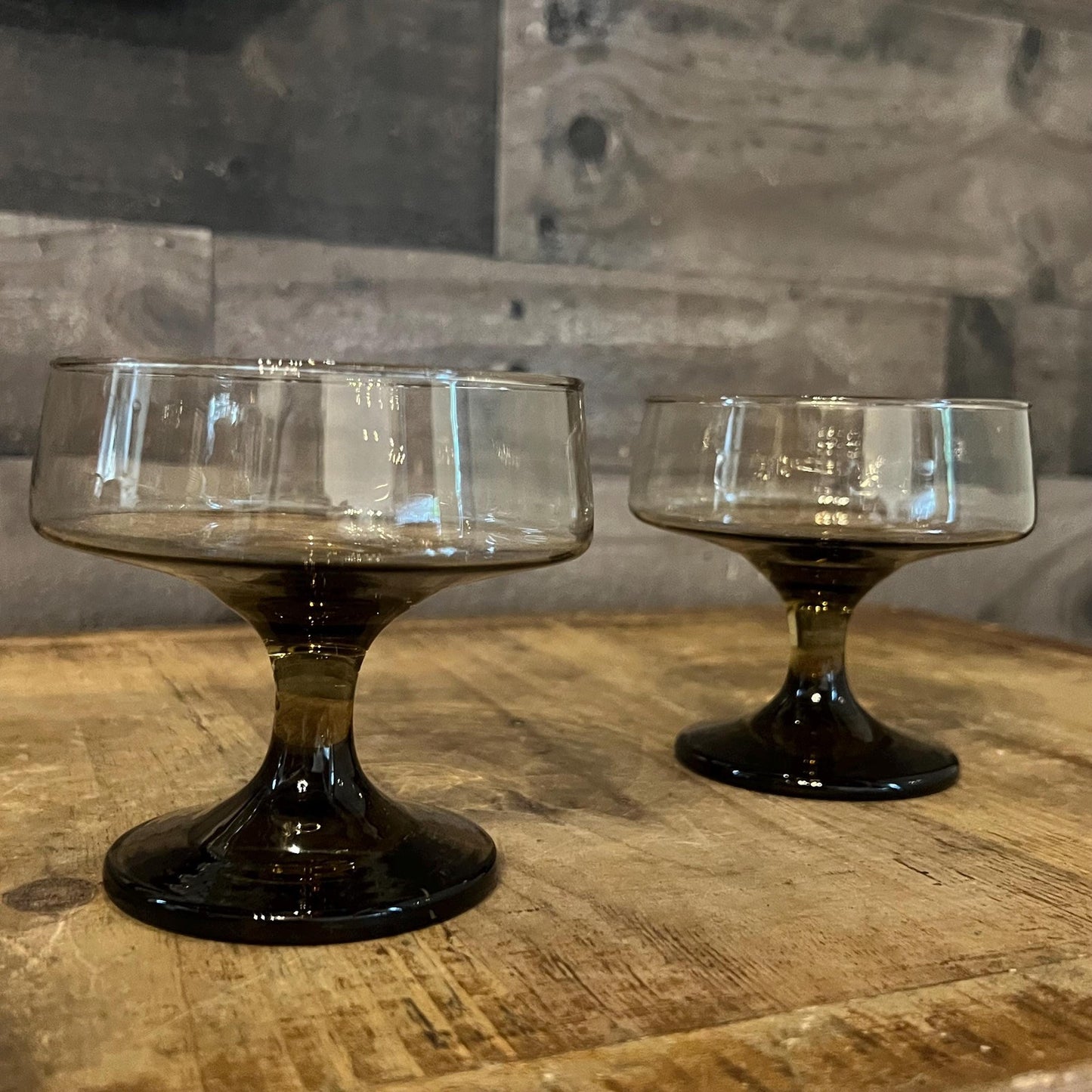 Libbey Glass Company Pair of Tawny Accent Brown Smoked Champagne Glasses - Cocktail Coupes - Tall Sherbert Glasses - Short Stem Glasses