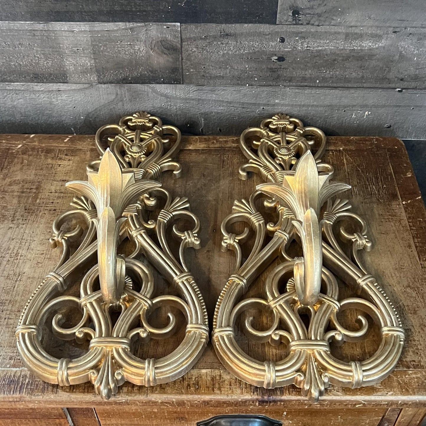 Vintage Pair of Gold Tone Dart Industries Candlestick Holder Wall Sconces
