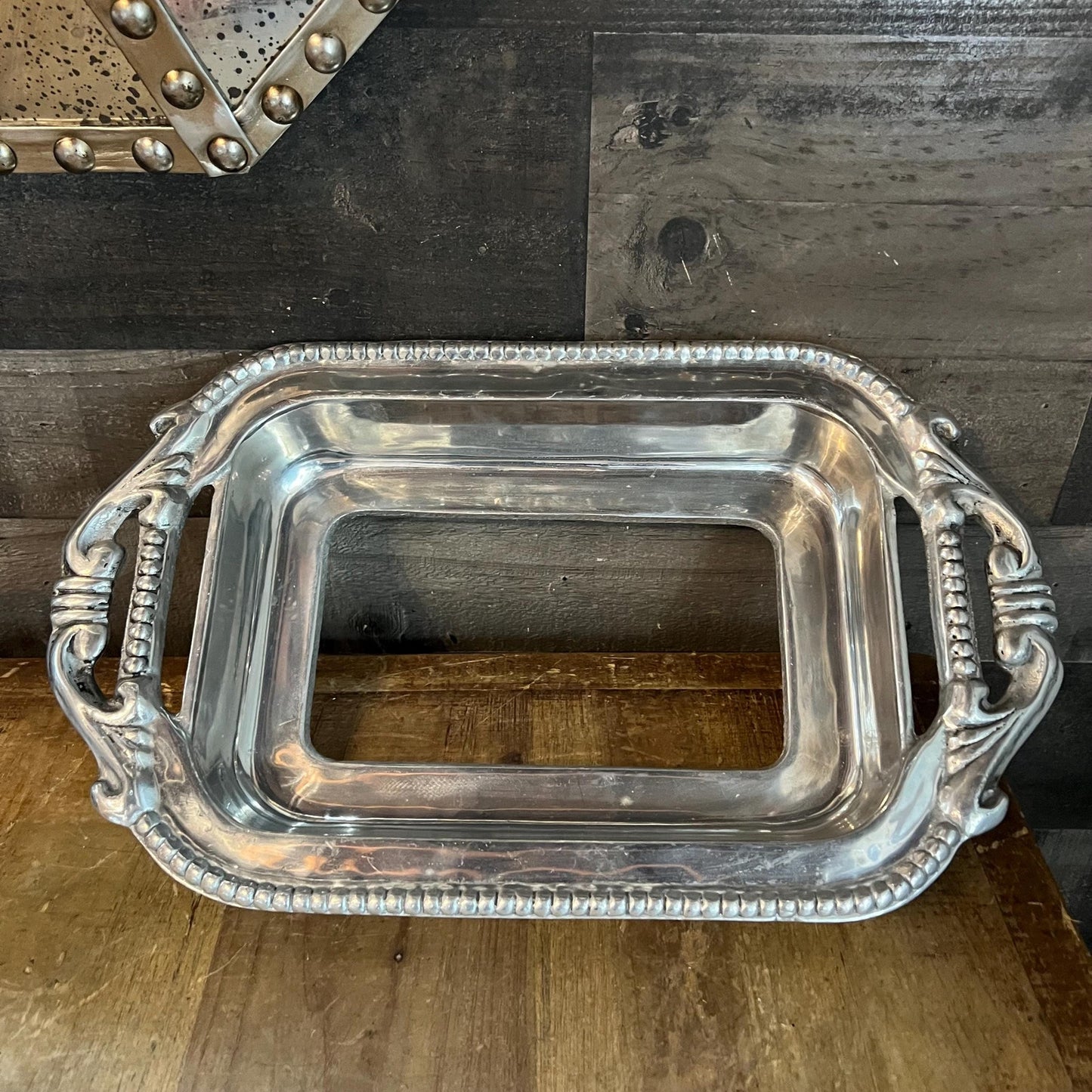 Vintage Ornate Pewter Tone Handled Rectangular Casserole Dish Holder