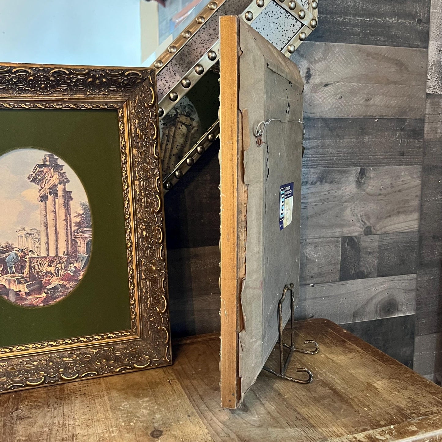 Pair of Oval Roman Ruins Scenes with Green Fabric and Vintage Wooden Frames