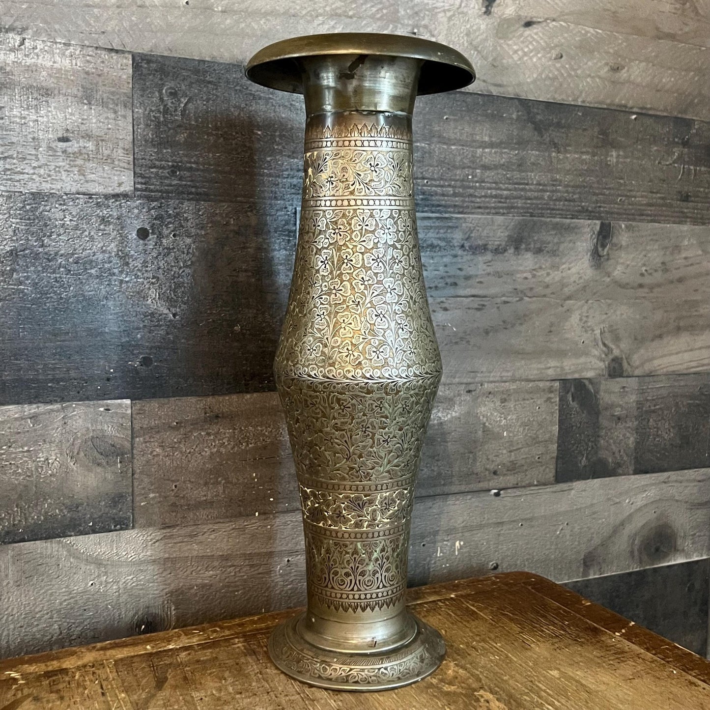 Tall Vintage Etched Brass Vase