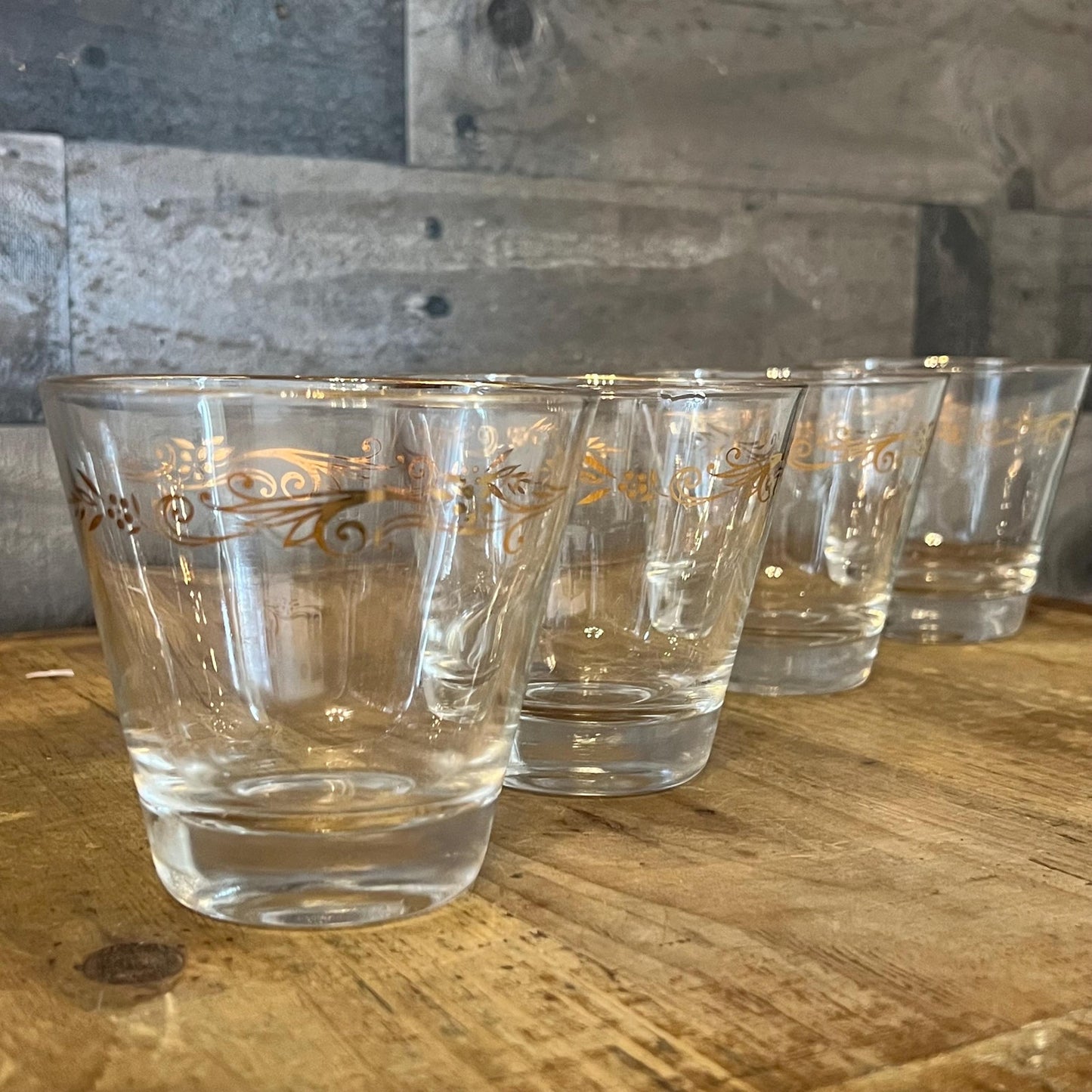 Vintage MCM Homer Laughlin Gold Tone Leaf Design Low Ball Rocks Glasses - Set of 4