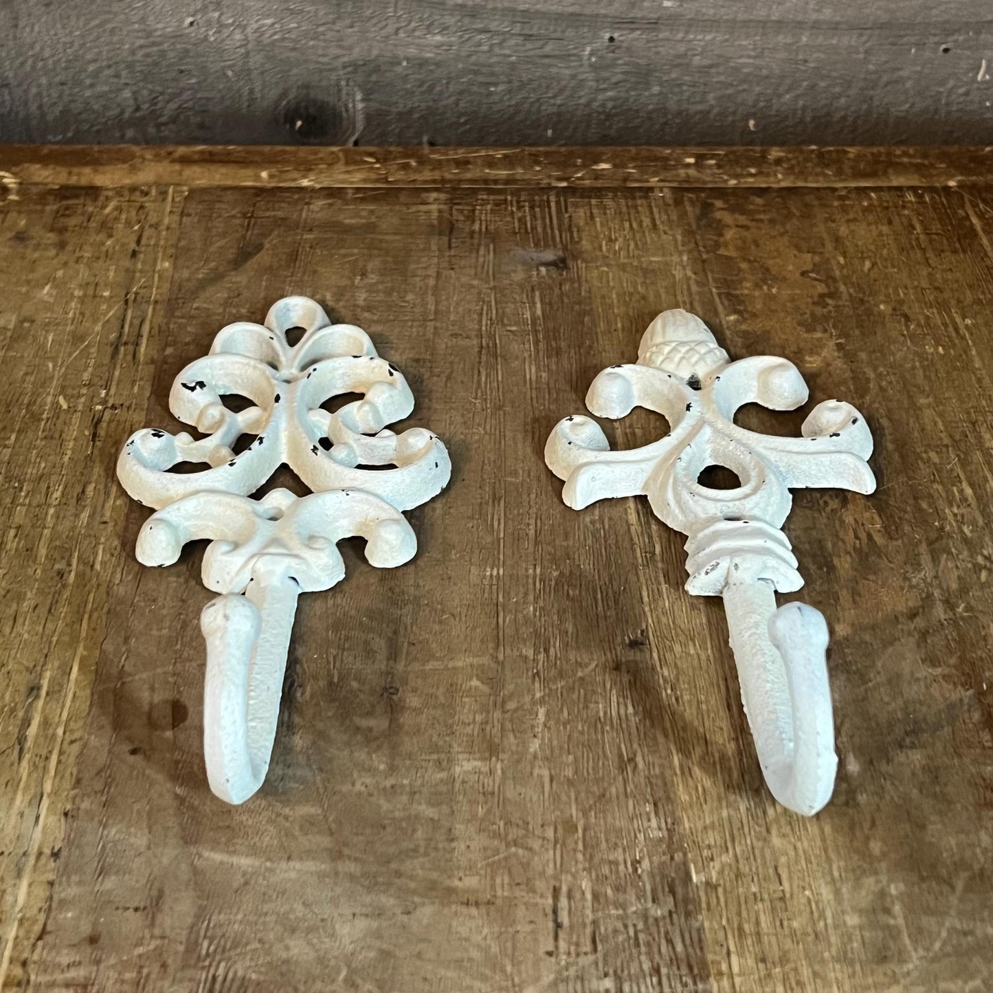2 Vintage Painted White Cast Iron Wall Hooks