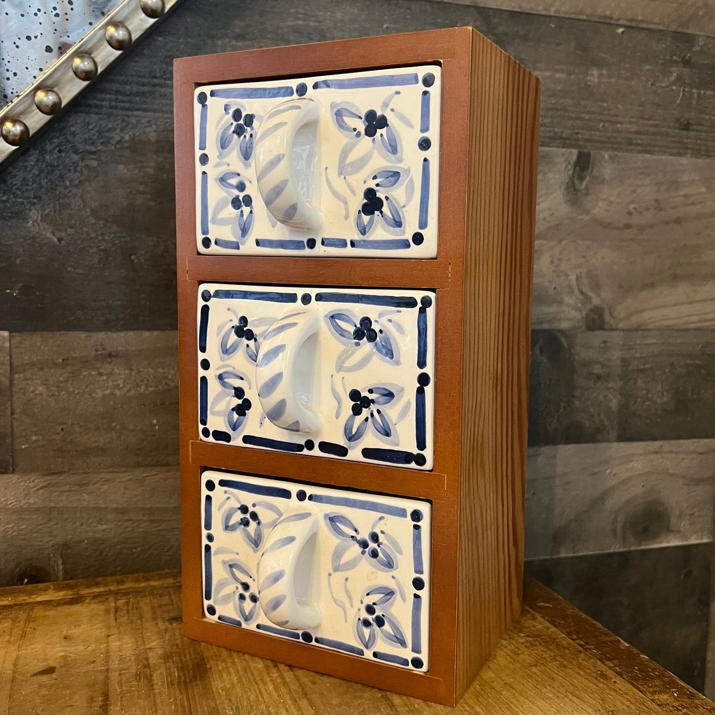 Vintage Wood Spice Cabinet Box with 3 White and Blue Ceramic Drawers
