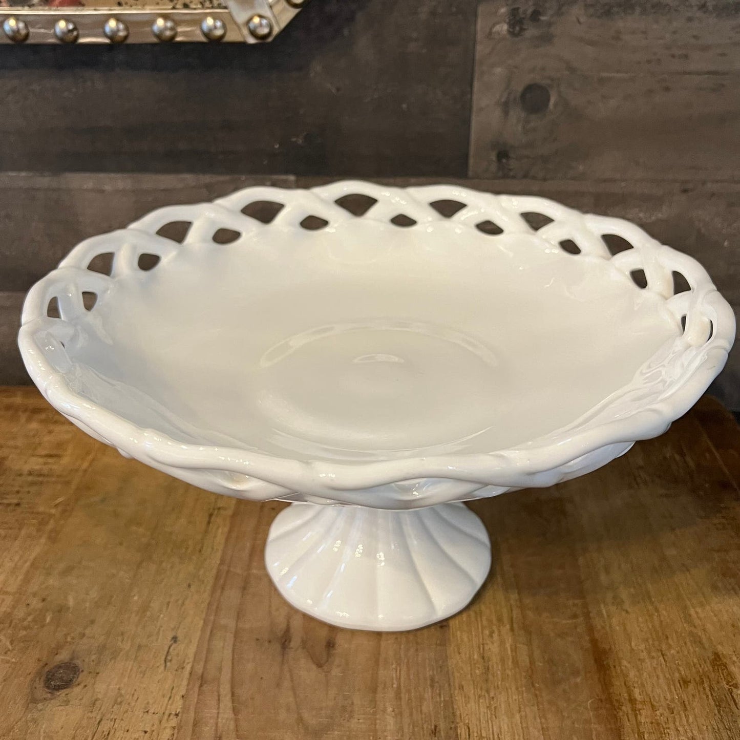 Vintage Milk Glass Pitman Dreitzer White Lattice Footed Pedestal Compote Dessert Stand - Fruit Bowl - Appetizer Server