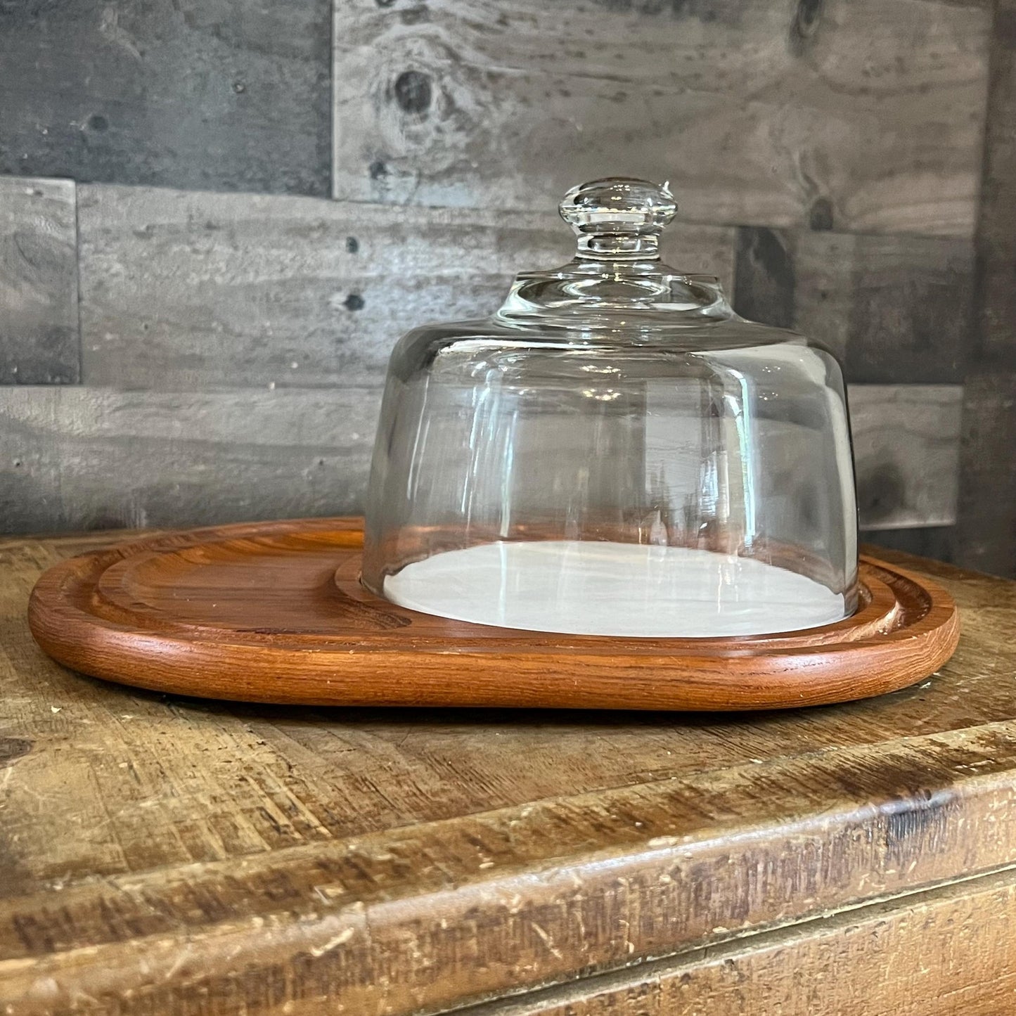 Vintage Wooden Cheese Board with Round Marble and Glass Dome - Dolphin Teakwood