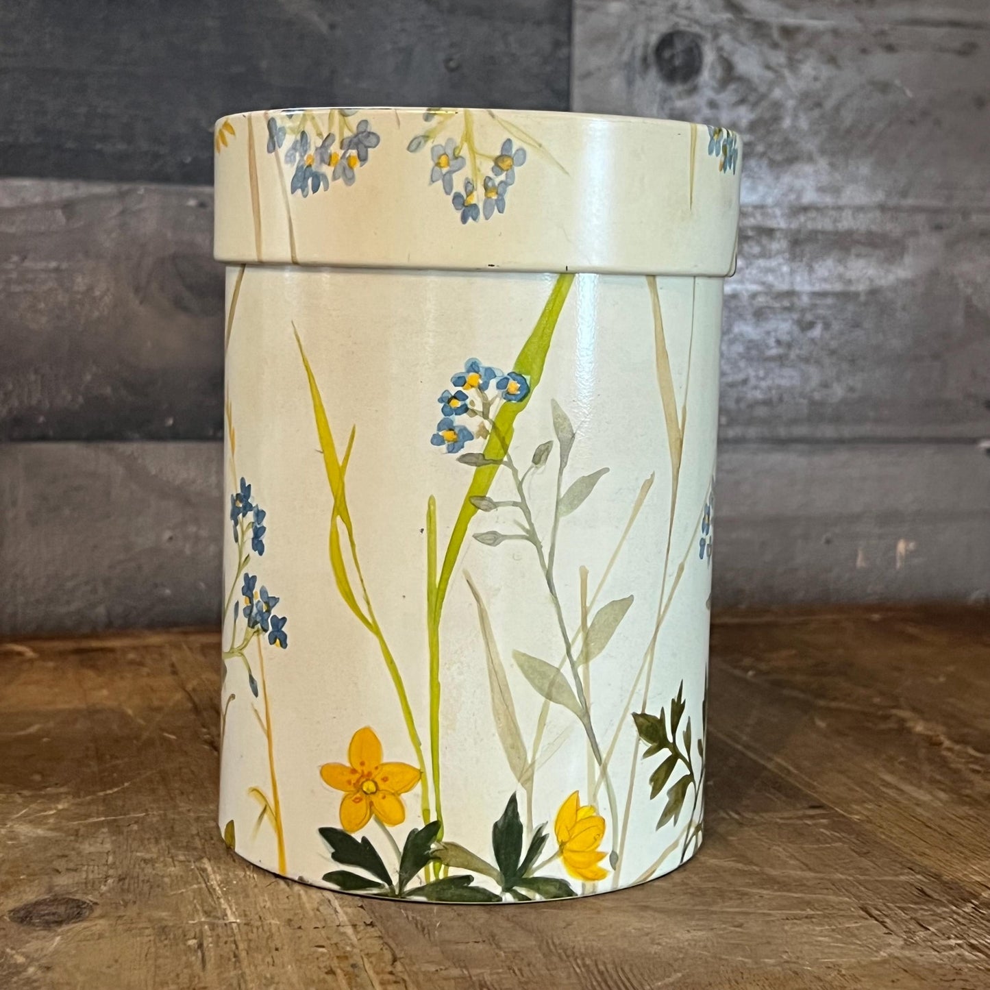 Vintage IRA Denmark Floral Cylinder Lidded Tin Jar