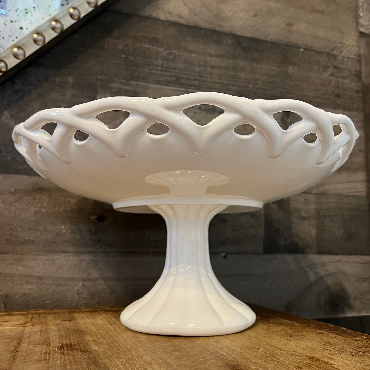 Vintage Milk Glass Pitman Dreitzer White Lattice Footed Pedestal Compote Dessert Stand - Fruit Bowl - Appetizer Server