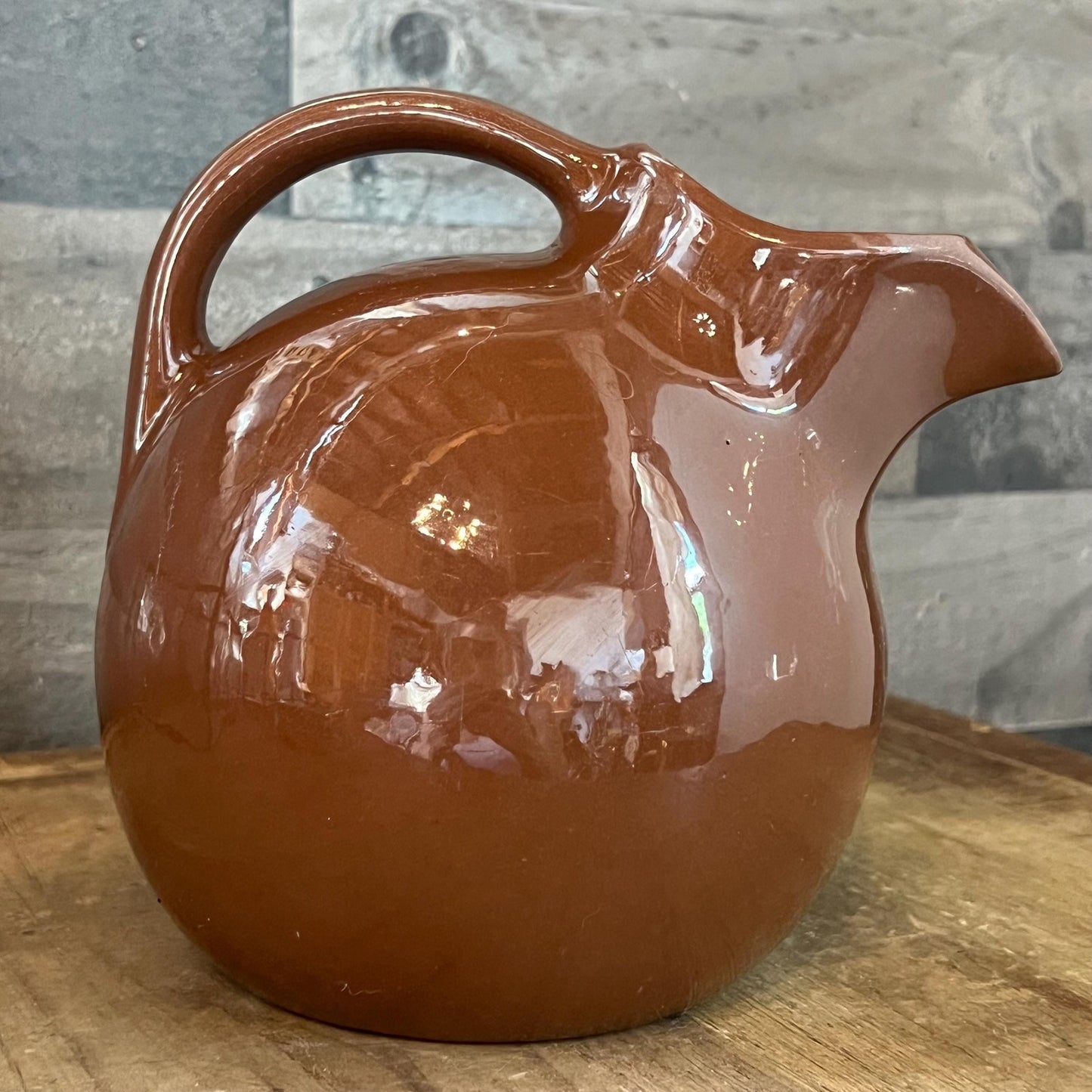 Vintage Hall Pottery Brown Handled Round Bubbly Pitcher