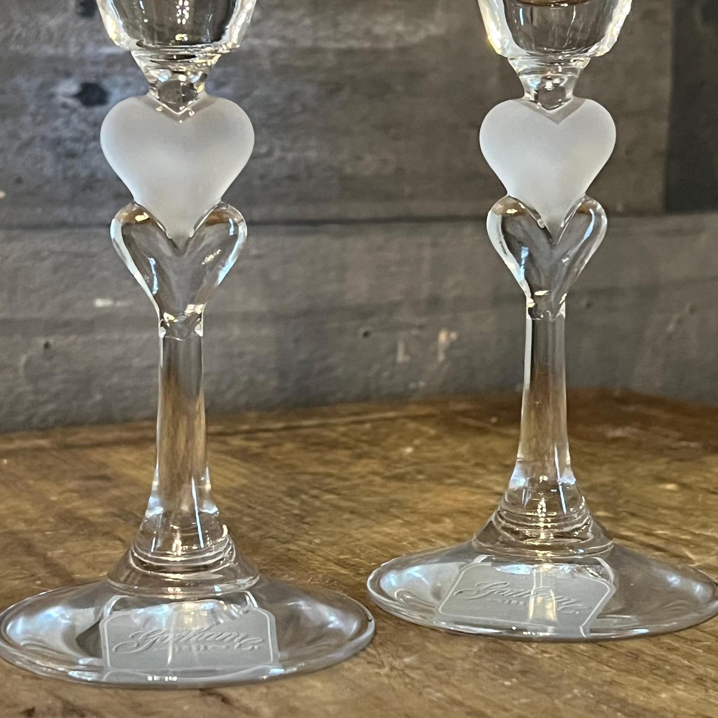 Gorham Crystal Heart Stem Amore Toasting Champagne Flutes - Pair