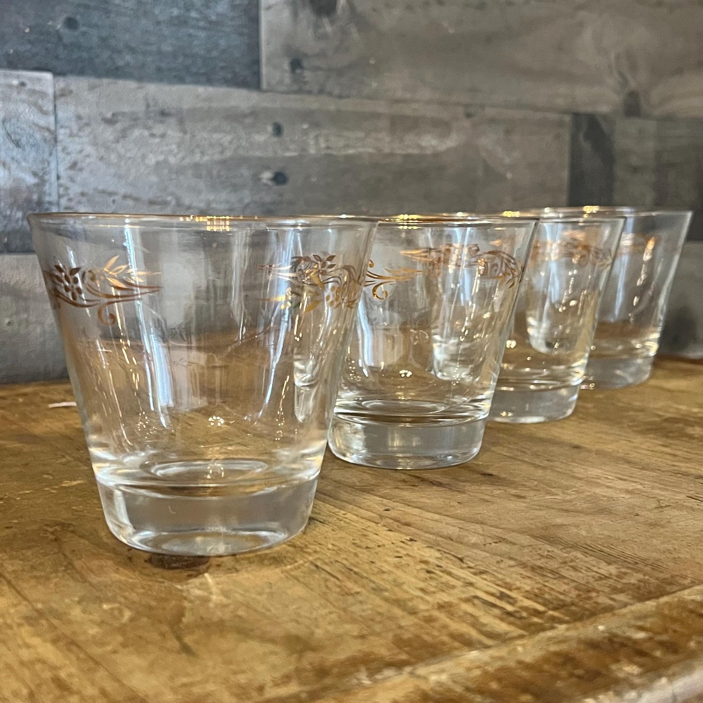 Vintage MCM Homer Laughlin Gold Tone Leaf Design Low Ball Rocks Glasses - Set of 4