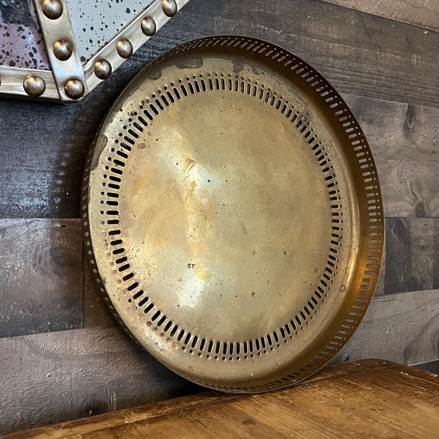 Vintage Brass Round Tray with Reticulated Edge