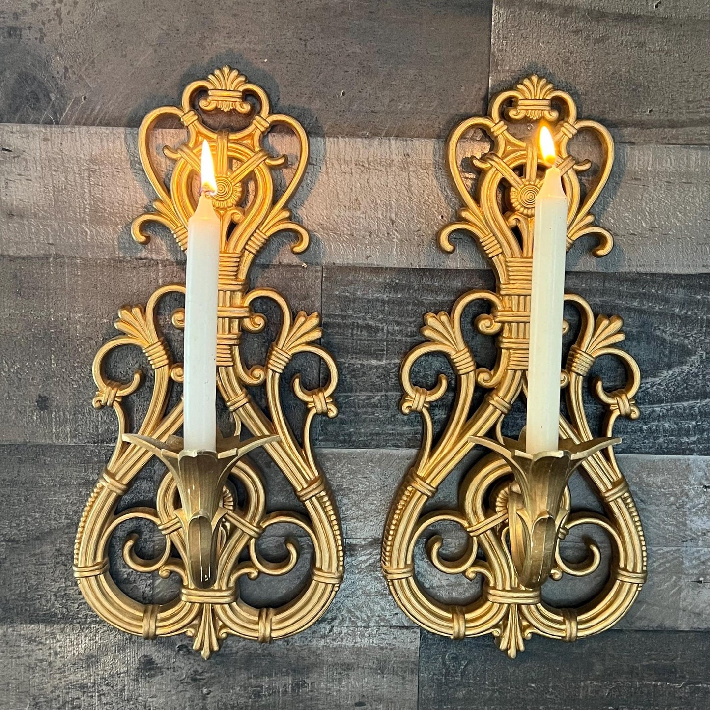 Vintage Pair of Gold Tone Dart Industries Candlestick Holder Wall Sconces