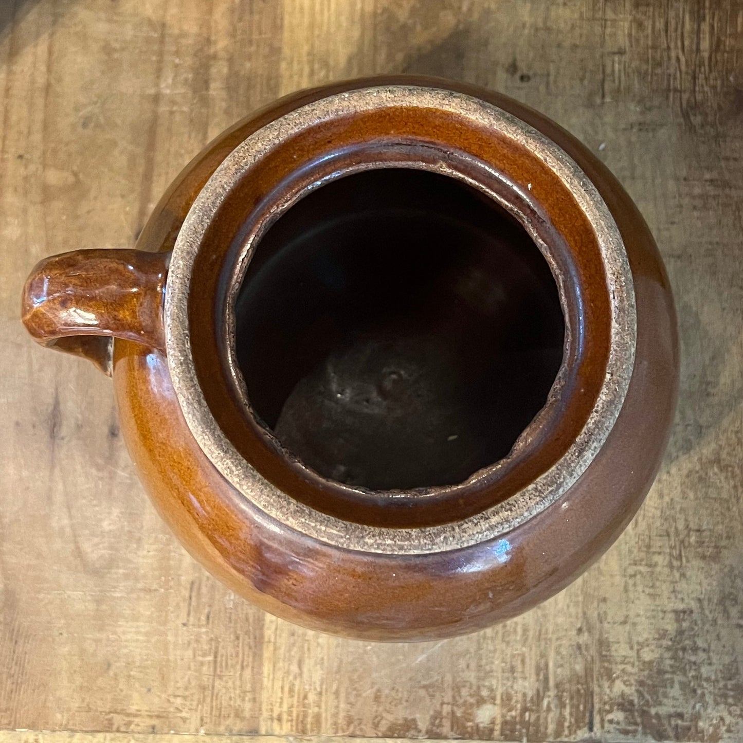 Vintage Blue Crown 2 Stamped Beige and Tan Two Tone Single Handle Crock - Bean Pot - USA Marking