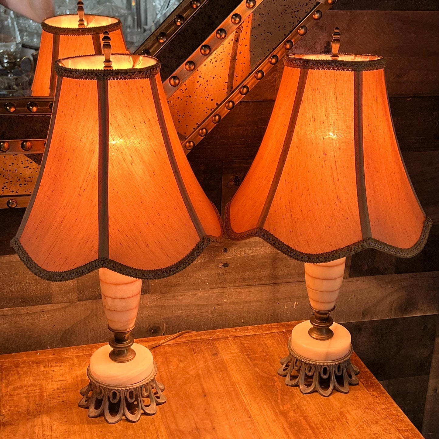 Vintage Pair of Creamy White Lamps with Orange/Pink Stripes and Brass/Metal Accents