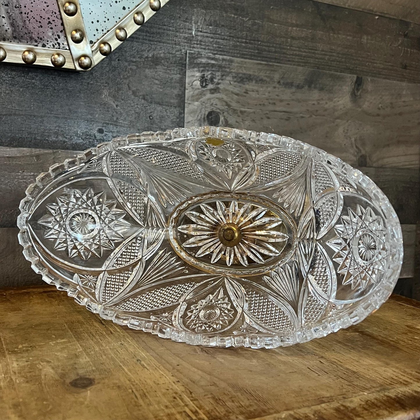 Vintage Thick Cut Crystal Oval Bowl with Gold Tone Brass Cherub Angel Pedestal and Marble Footed Base